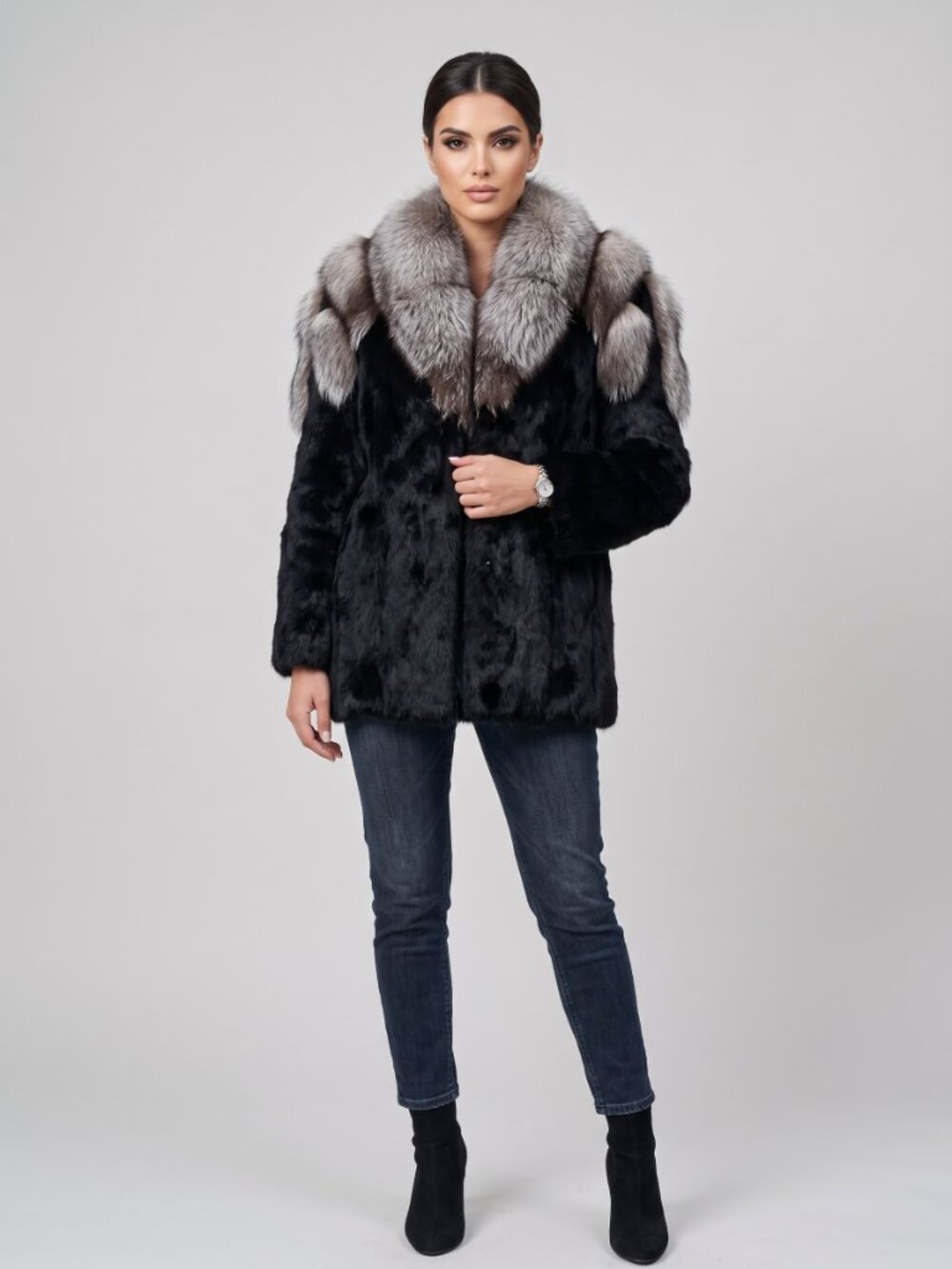 Vintage Niki black fox fur coat with silver fur trim, size M - Picture 2 of 9